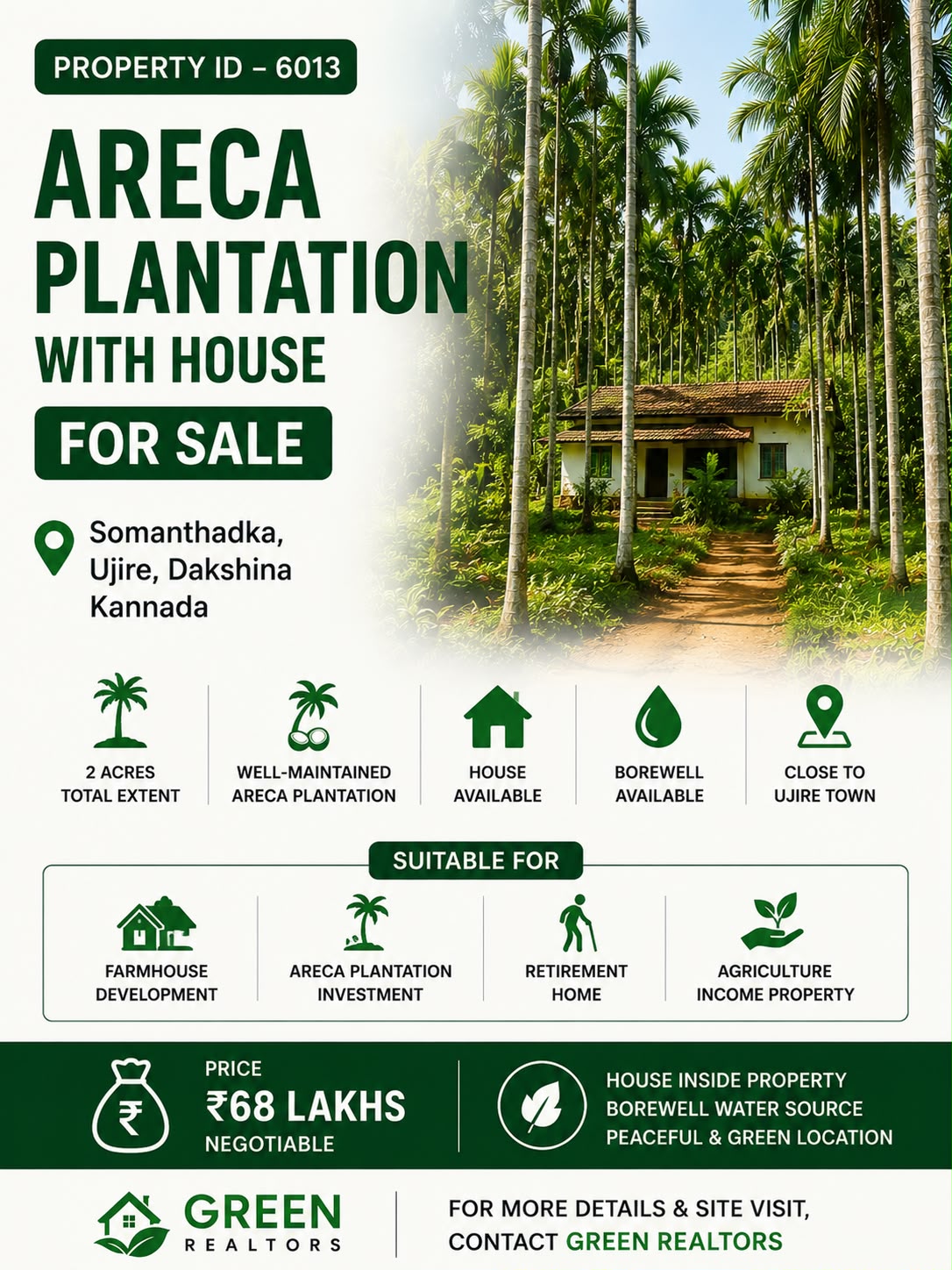 🆔 *PROPERTY ID – 6013* 🌴 *Areca Plantation with House for Sale – Somanthadka, Ujire
